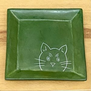 Green Cat Hand-carved Soapstone 4”X4” Square Trinket Dish